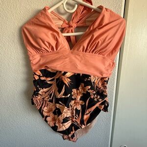 Cupshe pink and black floral halter one piece swimsuit